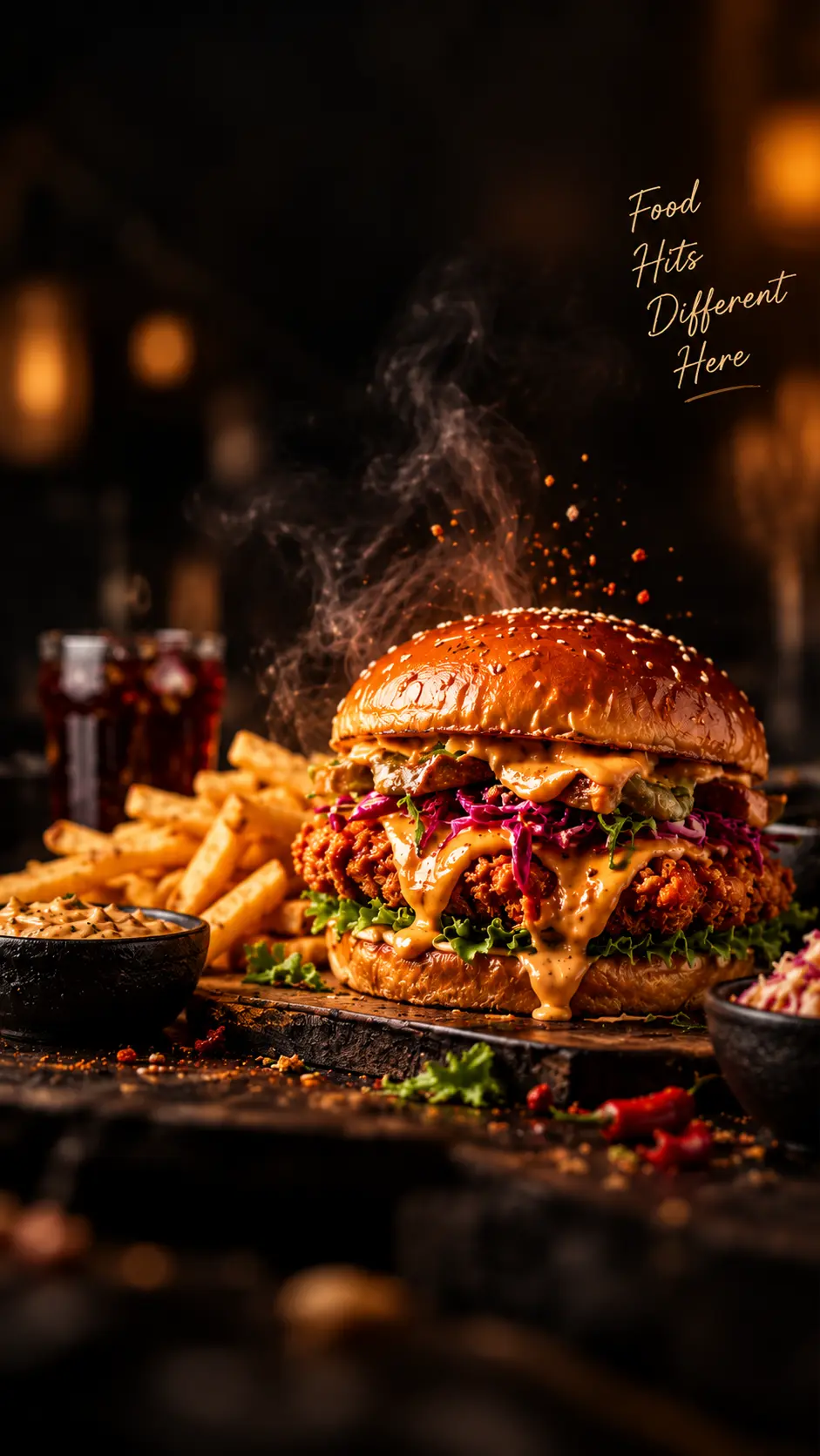 Crispy chicken burger with fries in a warmly lit kitchen